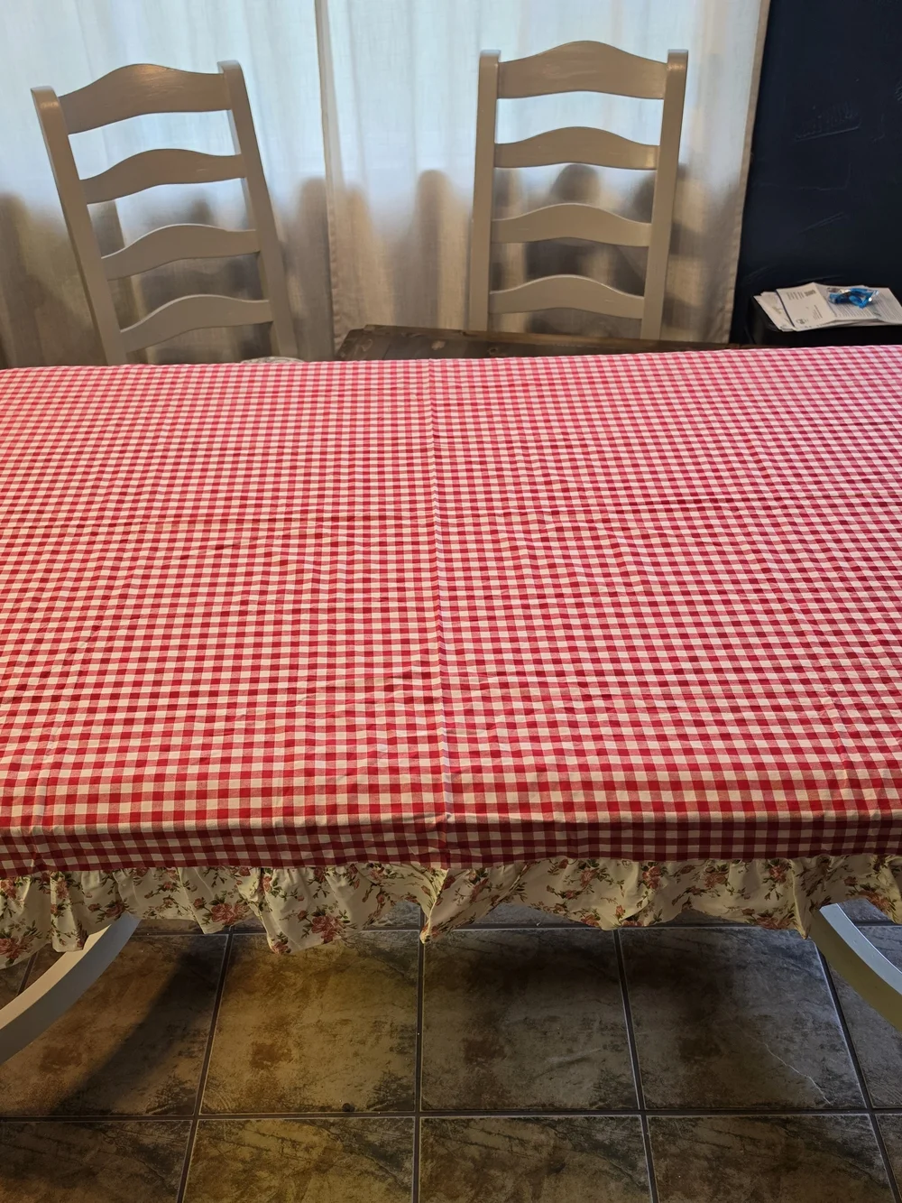 Red and White Gingham Tablecloth with Floral Ruffle